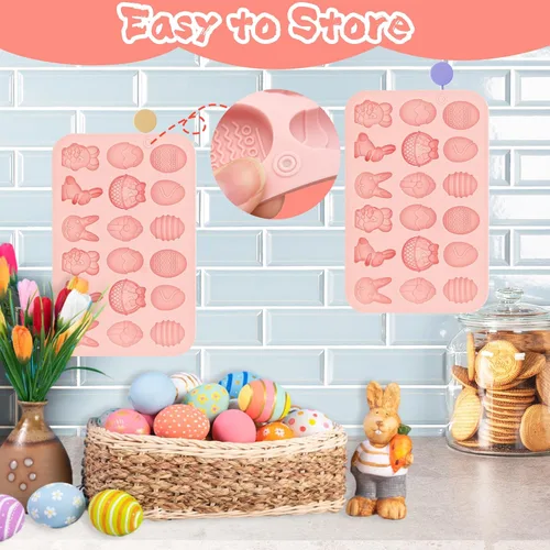 Miniatura 4 de Paquete de 2 moldes de silicona para chocolate de Pascua, 18 cavidades, huevos y conejos, molde en forma de cesta para hornear, gomitas, dulces