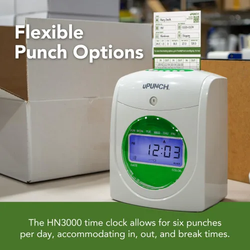 Miniatura 5 de uPunch HN1500, paquete inicial de reloj registrador para pequeñas empresas: sistema de reloj de punzonado para empleados con 100 tarjetas, estante