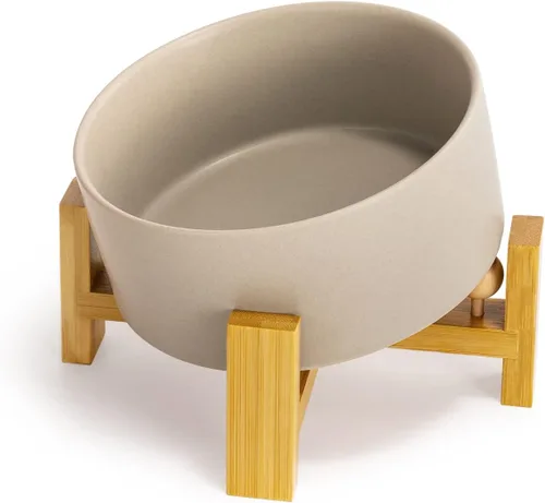 Miniatura 30 de SPUNKYJUNKY Cuenco de cerámica inclinado de 15° para perros y gatos con soporte de madera, cuenco inclinado para comida y agua para bulldog Blanco