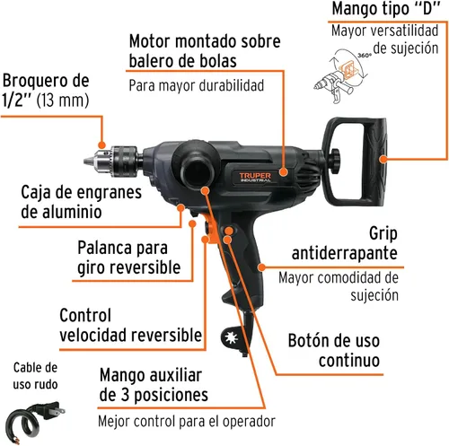 Miniatura 2 de Taladro de pala 1/2', industrial, 1150 W
