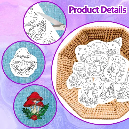 Miniatura 3 de ORIGACH 4 Hojas Grandes de Estabilizadores de Patrones de Bordado Solubles en Agua - Estabilizadores de Costura a Mano Preimpresos de Hongo, Luna