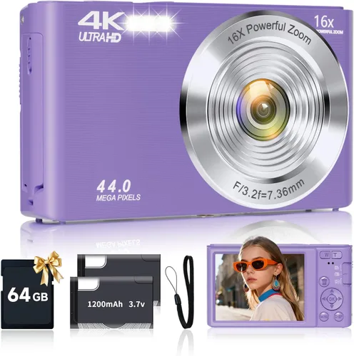 Cámara digital para adolescentes, cámara digital FHD 4K 44MP color púrpura con tarjeta SD de 64GB, zoom digital 16X, cámaras para fotografía, cámara
