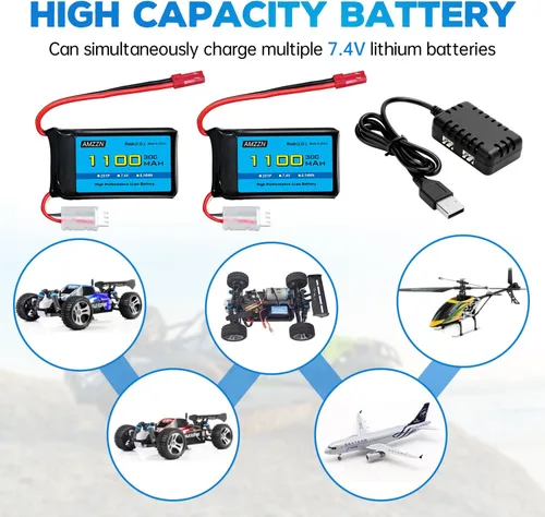 Miniatura 2 de Batería Lipo de 7.4 V 1100 mAh con cargador 2 en 1 para Wltoys A949 A959 A969 A979 K929 RC Car, compatible con la mayoría de camiones RC de relación