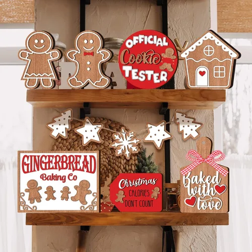 Miniatura 6 de Jetec 12 piezas de decoración de bandeja escalonada de Navidad, pan de jengibre, casa de pan de jengibre, copos de nieve, letrero de madera