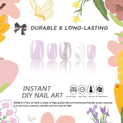 Miniatura 2 de Uñas postizas cuadradas cortas a presión, uñas postizas de color rosa, de cobertura completa, uñas postizas con purpurina plateada con diseños