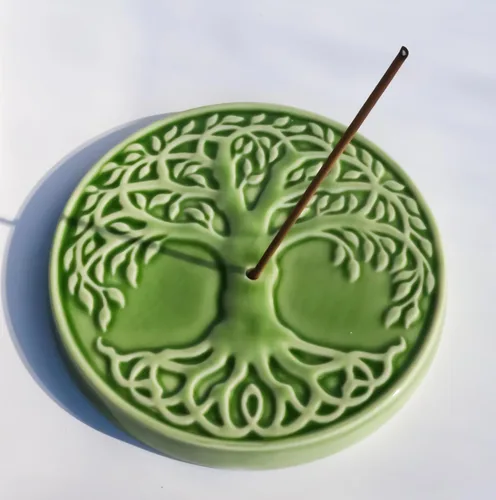 Miniatura 3 de Ebros Gift Wicca Símbolos Sagrados Árbol de la Vida Celta Yggdrasil Medallón Redondo de Cerámica Soporte de Varilla de Incienso, Quemador de Plato