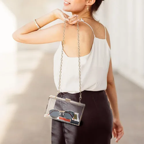 Miniatura 5 de WJCD - Bolso de mano de acrílico transparente para mujer, bolso de hombro con correa de cadena de dorada desmontable
