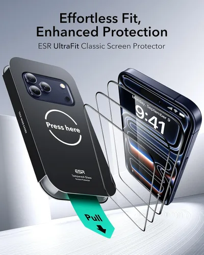Miniatura 2 de ESR Paquete de 3 protectores de pantalla para iPhone 17 Pro Max, grado militar a prueba de roturas, dureza 9H, vidrio templado de cobertura completa