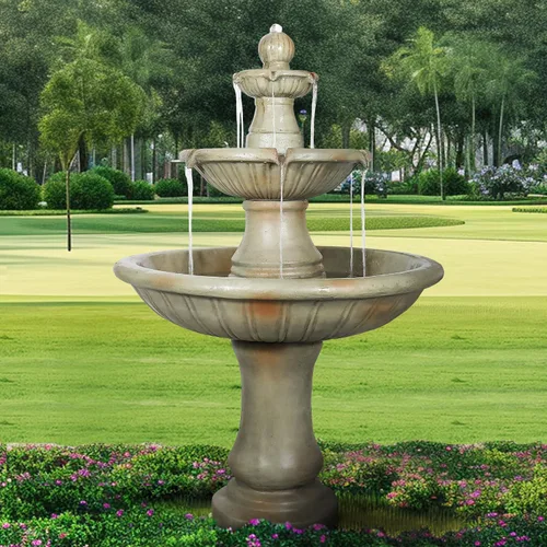 Miniatura 11 de Fuente de agua de piso al aire libre de 48" de alto, fuente de agua de hormigón de 3 niveles con bomba eléctrica sumergible - Cascada en cascada