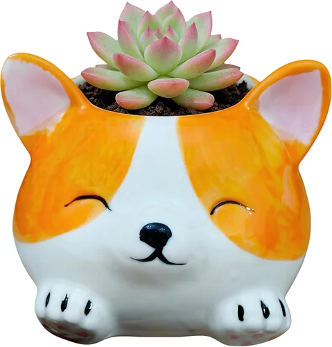 Cuteforyou Macetas para suculentas, bonitas macetas de cerámica con forma de animal, diseño de cactus suculentas, planta no incluida (Corgi)
