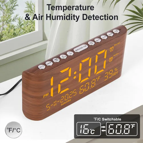 Miniatura 3 de PPLEE Reloj despertador digital de 8.7 pulgadas para dormitorio, reloj digital con día de la semana, mes, año, humedad y temperatura, brillo