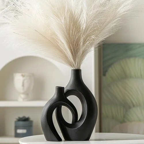 Miniatura 4 de Levvohd Juego de 2 Jarrones de Cerámica Negra XL para Decoración Moderna del Hogar, Jarrones Redondos Neutros Boho Donut de Hierba de las Pampas