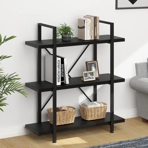 Miniatura 8 de HSH - Estantería de 3 niveles en negro, estanterías de almacenamiento pequeñas de metal y madera industriales, estanterías modernas abiertas de 3