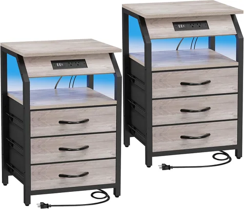 Miniatura 15 de SZLHANJZ Mesa auxiliar con luz, mesita de noche LED con 2 cajones y estación de carga tipo C, mesita de noche de tela pequeña para mesita de noche