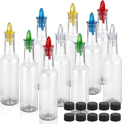 Miniatura 13 de Tioncy 10 juegos de botellas de plástico de 15 onzas con vertedores, 10 botellas de plástico para jarabe de cuello largo con vertedor y tapas, Negro
