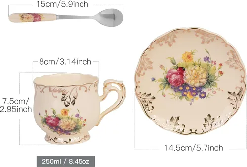 Miniatura 3 de YOLIFE Juego de taza de té y platillo, juego de taza de té de 8 oz, taza de té, taza de té de cerámica con platillo y cuchara, arbustos florecidos