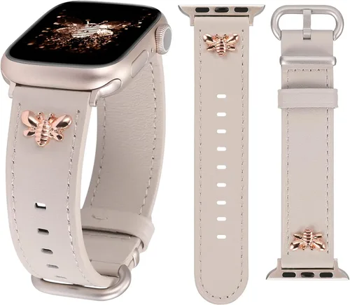 Miniatura 9 de W-RARA Correas de cuero compatibles con Apple Watch Band de 38/40/41/42/44/45/46/1.929 in para mujer, elegante correa de cuero elegante con dijes