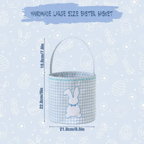 Miniatura 3 de DYSHAYEN Cesta de Pascua de conejo, cubo de Pascua vacío a cuadros con asa para caza de huevos de Pascua, decoraciones de fiesta (azul)