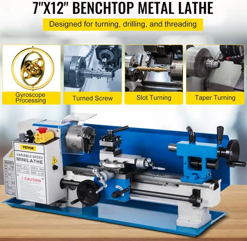 Miniatura 2 de VEVOR Torno de metal 7"x12", mini torno de mesa de precisión, 550W, velocidad variable de 50 a 2500 RPM, engranaje de nylon, lámpara móvil