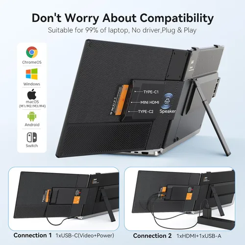 Miniatura 8 de Extensor de pantalla dual para laptop de 14 pulgadas, monitor portátil ultrafino, FHD 1080P USB-C/HDMI Plug & Play, pantalla de viaje ligera