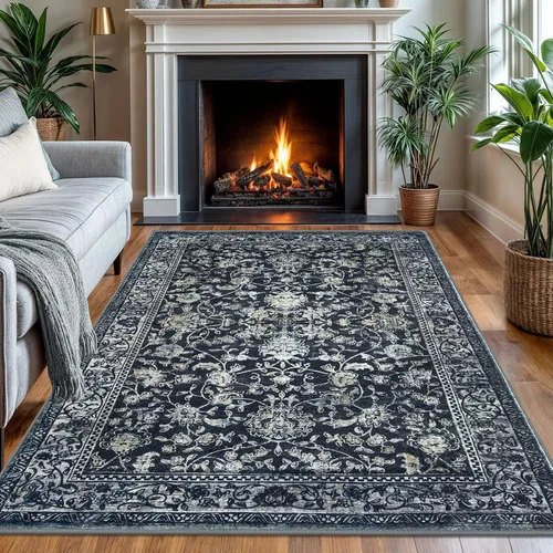 Miniatura 27 de KILOCOCO Alfombra lavable de 2 x 3 para entrada, estampado floral vintage, suave, antideslizante, azul, alfombras de cocina, tapete