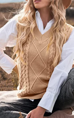 Miniatura 7 de NALANISA Suéter sin mangas con cuello en V para mujer, de gran tamaño, casual, holgado, de punto trenzado, sin botones, para otoño e invierno
