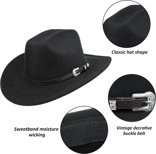 Miniatura 13 de Sombrero de vaquero clásico de fieltro occidental para mujeres y hombres de ala ancha con hebilla de cinturón (tamaño: mediano-grande)