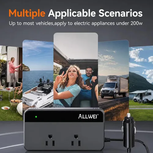 Miniatura 8 de ALLWEI Inversor de corriente para automóvil de 200 W, 12 V CC a 110 V CA inversor de automóvil con 4 puertos USB de carga rápida (2 USB A, 2 USB C)