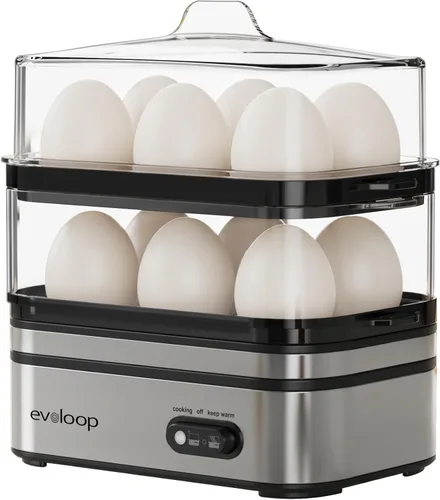 Miniatura 10 de Evoloop Olla rápida de huevos eléctrica con capacidad para 12 huevos, para huevos suaves, medianos, duros, escalfados, fabricante de tortilla, Gris