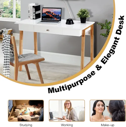 Miniatura 8 de COSTWAY Escritorio para computadora de 42 pulgadas con cajón de almacenamiento, moderna mesa de estudio de escritura en casa con patas de madera