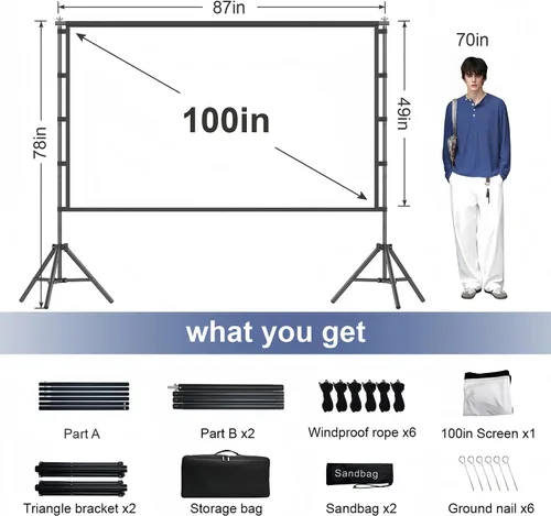 Miniatura 2 de Pantalla y soporte de proyector de 100 pulgadas, pantalla de proyección para exteriores e interiores, pantalla de cine frontal trasera HD 16:9 4K HD