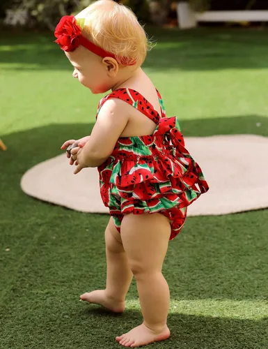 Miniatura 7 de Mameluco de verano con diseño floral y volantes para niña bebé, con diadema