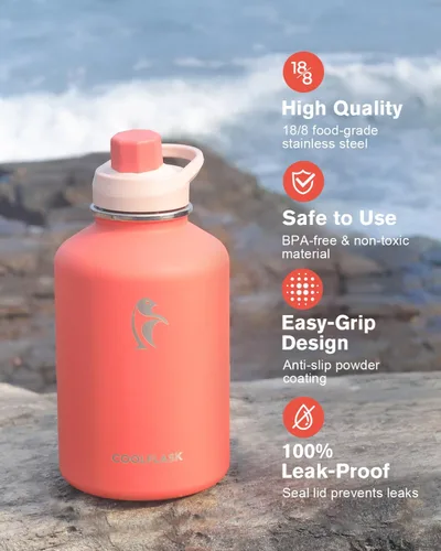 Miniatura 5 de Coolflask Botella de agua de 64 onzas aislada con funda de cuero PU, botella de agua de medio galón con contraste de color y tapa con popote, jarra