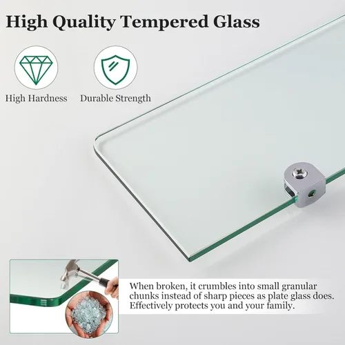 Miniatura 7 de SAYAYO Estantes flotantes de vidrio para baño, estante de vidrio templado cromado de 15 x 5 pulgadas para pared, 1 paquete, transparente