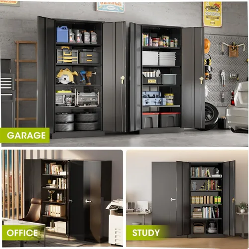 Miniatura 6 de Greenvelly Armario de almacenamiento de metal para garaje con puertas y estantes ajustables, gabinete de archivo de acero negro con cerradura de 72