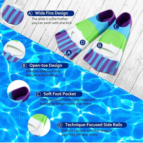Miniatura 101 de Aletas de natación para niños, aletas cortas para niños y jóvenes, aletas de natación para entrenamiento de natación para niños, niñas, niños