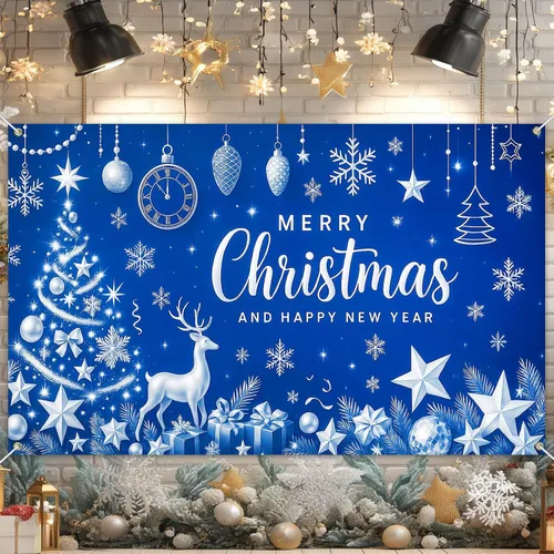 HOMETITUTE Cartel de Navidad de 71 x 43 pulgadas, fondo azul de fotografía de invierno, copo de nieve, árbol de copo de nieve, fondo de fiesta con
