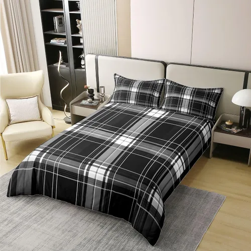 Miniatura 2 de Erosebridal Juego de ropa de cama de 100 % algodón a cuadros para niños y niñas, funda de edredón a cuadros, funda de edredón moderna geométrica