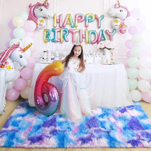 Miniatura 4 de Noahas - Alfombra suave y afelpada para habitación de niña y sala de estar, colorida, decoración para guardería, teñido anudado arcoíris, azul