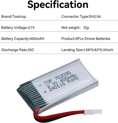 Miniatura 7 de Batería Lipo de 3.7 V 400 Mah - 5 baterías de dron con cargador USB 5 en 1 para Syma Q11 H99W H31 H6C H98 TR-C385 TR-P51 TR-F22 Quadcopter Parts