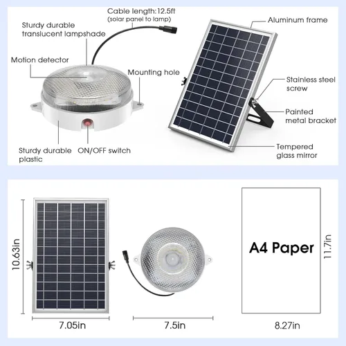 Miniatura 8 de Luz solar de techo con sensor de movimiento, regulable 6000 K/4000 K/3200 K, 5 modos disponibles durante el día, luces solares de cobertizo