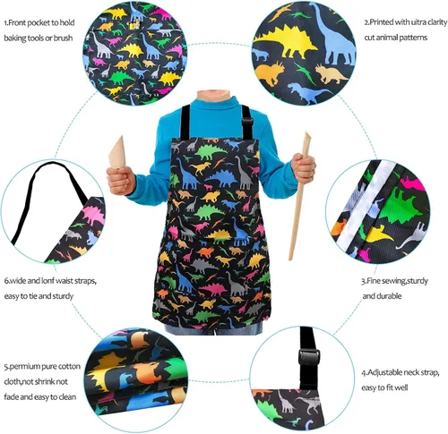Miniatura 6 de Delantal de Dinosaurio para Niños Varones con Bolsillo, Delantales de Unicornio para Niñas para Cocinar, Pintar, Delantal de Cocina para Niños de 3