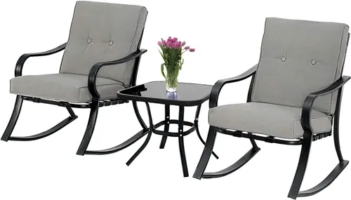 Miniatura 9 de Mecedoras para exteriores de 3 piezas, juego de muebles de bistró para patio, 2 sillas mecedoras de acero negro con cojín y mesa de centro de Marrón