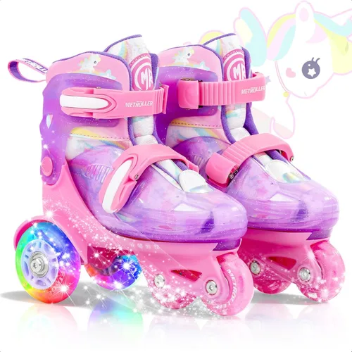 Miniatura 6 de METROLLER Patines de equilibrio con ruedas ajustables para niños pequeños de 3 a 6 años, arcoíris, unicornio, dinosaurios, patines con ruedas