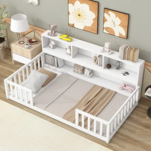 Miniatura 29 de Cama juguetona en forma de casa de tamaño matrimonial con estantes y luces, marco de cama de metal con techo para niños, adolescentes y adultos, un