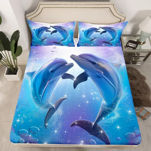 Miniatura 13 de Erosebridal Sábana bajera ajustable con diseño de delfín, diseño de playa oceánica, tamaño individual para niños, niñas, adolescentes, juego de ropa