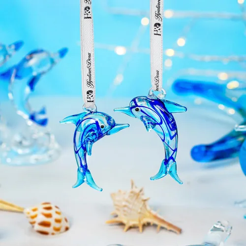 Miniatura 4 de Adorno de delfín de cristal de 2 pulgadas para árbol de Navidad, decorativo colgante de vidrio soplado, mini figura de delfín azul