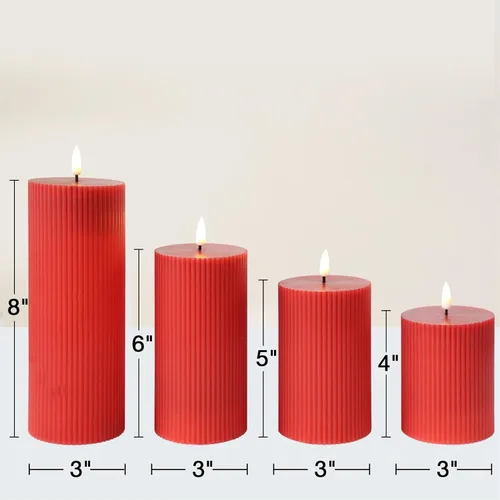 Miniatura 6 de Velas rojas sin llama de Navidad de pilar con control remoto, velas de cera LED estriadas de tapa plana alimentadas por batería, juego de 4 para Rojo