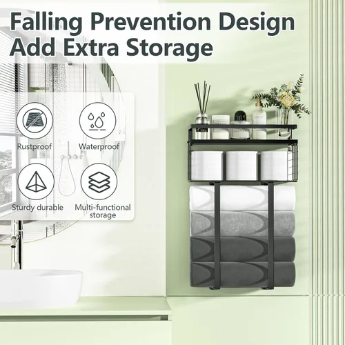 Miniatura 5 de Xstydes Toalleros para baño, toallero de metal con cesta de almacenamiento, toallero de pared para toallas enrolladas, almacenamiento de toallas