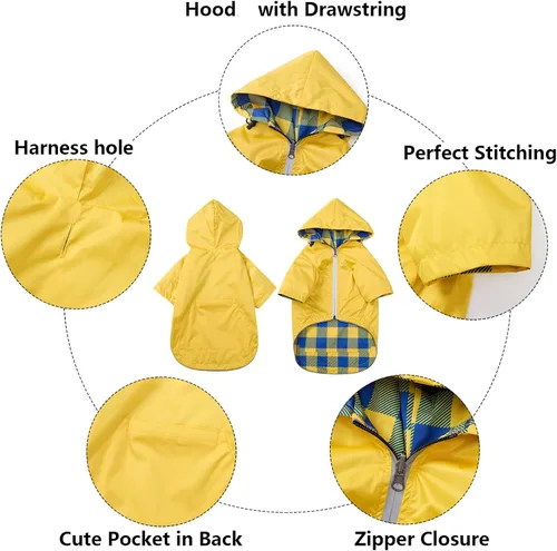 Miniatura 4 de Impermeable para Perros Perros Impermeable Chaqueta de Lluvia Reversible para Perros Razas Pequeñas y Medianas Cremallera Reflectante Bolsillo